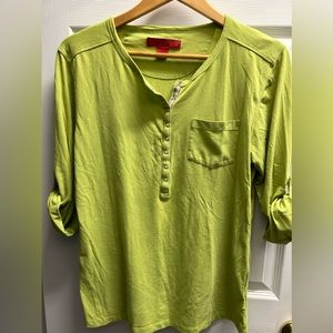 Size large top with snaps half way down and roll up snap sleeves